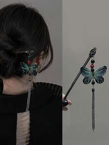 1Pc New Chinese Style Butterfly Flower Tassel Hair Stick For Women Vintage Metal Hanfu Chopstick Hair Sticks Hair Accessories Hair Bun Hair Pin Hair Bun Maker Bun Hair Piece Hair Styling Pins, School Stuff, Head Accessories - Multicolor - View 3