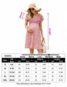 Yesfashion Women's Maternity Short Sleeve Ruffle Dress V Neck Summer Casual Smocked Flowy Midi Dress For Baby Shower Photoshoot - 粉紅色豹紋 - 查看 5