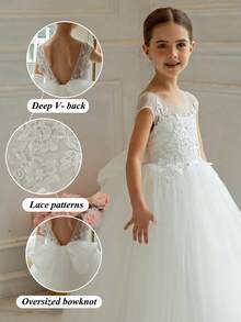 Tween Girl Lace Mesh Bow Party White Dress, Elegant Princess Gown Suitable For Girl Birthday Party, Formal Occasion, Communion, Flower Girl, Bridesmaid Wedding Dress, Holiday Celebration - White - View 4