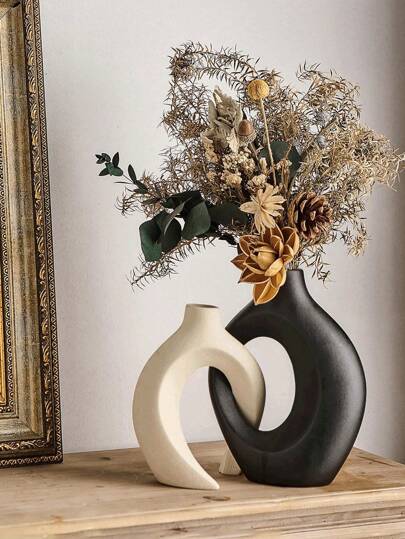 Zwart Beige Ceramic Vase Set Of Two Moderne Home Neutral Bohemian Round Donut Pampas Grass Vase, Nordic Aesthetic Living Room Coffee Tafel Fireproof Bookshelf Flower Glass