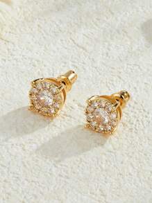 1 Pair Of Hip-Hop Four Claws Round Cubic Zirconia Gold Color Earrings Fashion Simple Commuting Versatile Men And Women Couple Earrings
