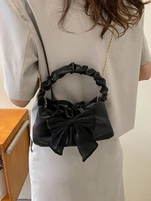 时尚新月褶皱手提包，饰以丝巾和蝴蝶结，女士休闲小包，配有金属链条肩带，可单肩背或斜挎，云朵造型，是送给她的完美情人节礼物，蝴蝶结钱包，最佳情人节礼物之选。 - 黑色 - 查看 9
