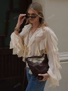 Femmes Chemise en mousseline de soie à manches longues Boutonné Volants T-shirt Dame Élégant Couleur unie Manches longues Blouse habillée Été Vacances Décontracté Ample Top Boho Vêtements Tenue Chemise mode ample