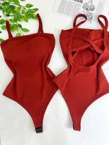 Women's Bodysuit With Braided Straps, Seersucker, Fashion Blogger - Terracotta - View 2