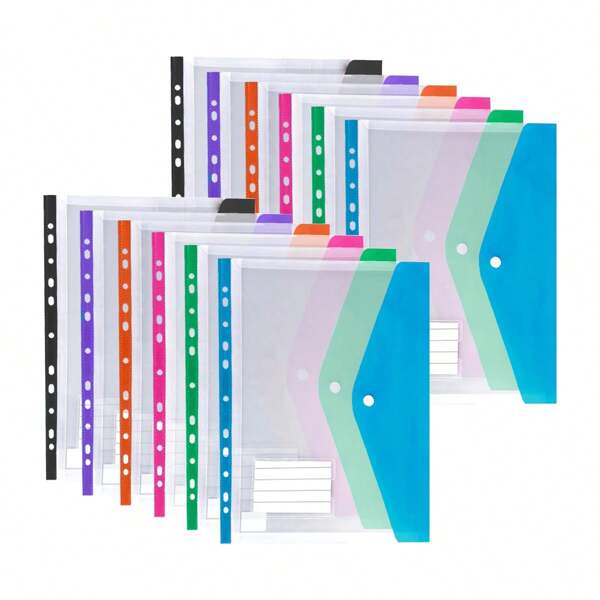 6/12 Packs Binder Pocket, Plastic Envelopes Binder Folders, 11 Holes Expandable Binder Folders For 2/3/4 Ring Document Pouch With Snap Button & Label Loose-Leaf Transparent For Office School Home,Back To School,School Supplies