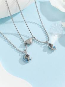 ATLVXJL 2pcs/Set Glow-In-The-Dark Astronaut Constellation Projection Bead Magnetic Necklace With Stainless Steel Chain, Casual Couple Jewelry Suitable For Daily Wear And Valentine's Day Gift