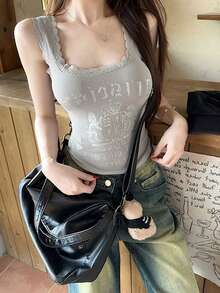 Atasan Cami Slim Fit Seksi dengan Hiasan Renda Desain Retro Amerika untuk Musim Panas Kasual - Grey - View 4