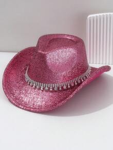 1pc Unisex Holographic Solid Color Laser Cowboy Hat, Sparkling Rhinestones, Gothic Street, Cyberpunk Neon, Y2K Style, Fashionable & Elegant, Bright Vibrant Colors For Spring/Summer, Suitable For Parties, Music Festivals, Outdoor Picnics, Western Themed Events