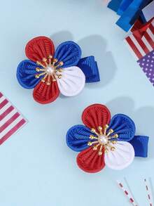 2PCS 4th Of July Cute Little Flower Hair Clips For Girl, Independence Day Party Red, Blue, White Pearl Decorative Hairpin - Multicolor - View 2