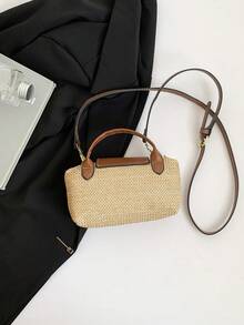 Women's Fabric Woven Straw Bag, Beach Vacation Mini Shoulder Bag, Magnetic Snap Dumpling Bag, Casual Cute Fashion Purse - Khaki - View 10