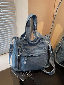 Túi tote jeans nhiều ngăn thời trang mới, túi đeo vai cỡ lớn đa năng dành cho nữ, túi đi học kiểu sinh viên, túi đeo chéo jeans cỡ trung, phù hợp cho đi làm, mua sắm, sử dụng hàng ngày và đi học, hoàn hảo cho phong cách cao bồi. - Màu xanh lam - Xem 3