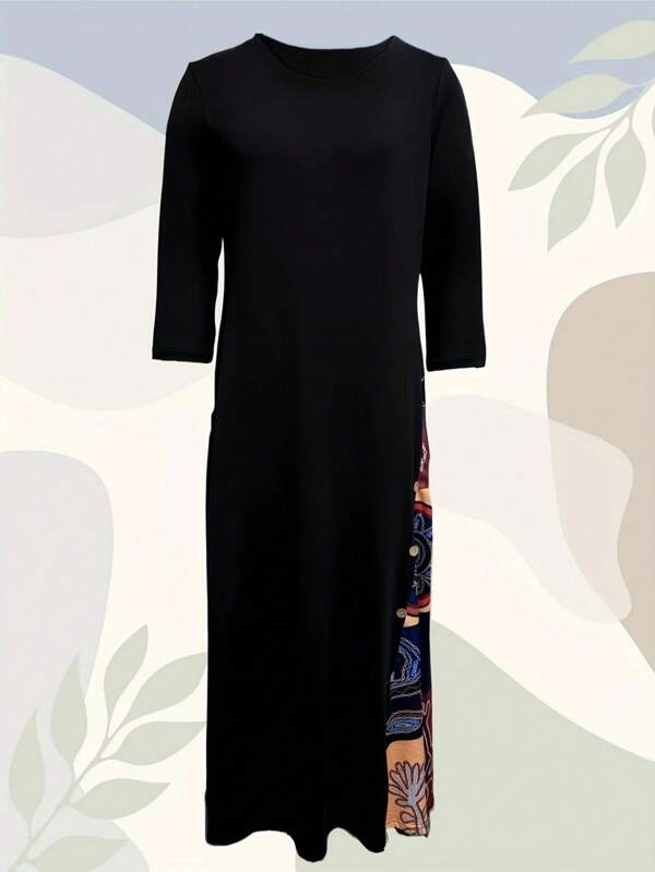 Plus Size Printed Buttoned Decor Round Neck Slit Midi Dress