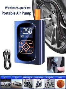Inflador de Pneu Portátil para Carro com Luz LED, Inflador de Pneu Sem Fio, Compressor de Ar com Exibição Digital, Bomba de Ar USB para Carro, Bomba de Ar Elétrica Segura e Eficiente para Carros, Motocicletas, Bicicletas e Bolas, Mais Silencioso e Vida Útil Mais Longa, Controle Inteligente de Temperatura