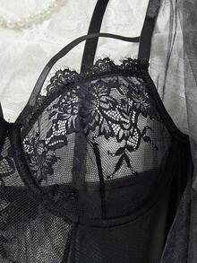 Women's Bridal Lingerie Set Sheer Mesh Lace Babydoll Dress Sleeves Garters And Veil 4 Pcs Set Wedding Lingerie - màu đen - Xem 6
