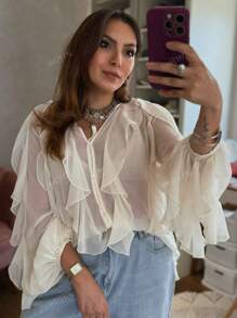 Femmes Chemise en mousseline de soie à manches longues Boutonné Volants T-shirt Dame Élégant Couleur unie Manches longues Blouse habillée Été Vacances Décontracté Ample Top Boho Vêtements Tenue Chemise mode ample