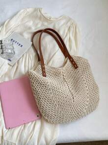 1pc Women's Large Capacity Woven Tote Bag, Casual Shoulder Handbag, Beach Bag, Summer Straw Woven Bag, Handmade Crochet Medium Size Bag, Solid Color Suitable For Holiday Gifts - Beige - View 4