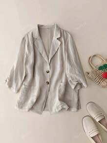 Blazer casual in misto lino da donna per primavera/estate, con maniche 3/4, vestibilità morbida e ampie tasche