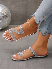 1 đôi sandal nữ thiết kế thời trang, quai trong suốt, đính pha lê, kiểu xỏ chân, phù hợp cho tiệc tùng, hẹn hò, đi chơi, đi học, đi biển, nghỉ lễ, và các hoạt động ngoài trời hàng ngày. - Bạc - Xem 3