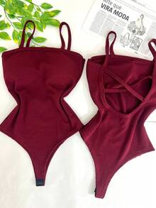 Women's Bodysuit With Braided Straps, Seersucker, Fashion Blogger - 酒紅色 - 查看 1