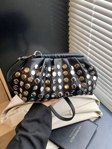 Nowa modna damska torba na ramię z nitami i solidnym PU z zamkiem błyskawicznym, stylowa torba typu crossbody, odpowiednia na randki, zakupy, uniwersalna