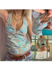 Women Fashion Halter Tops Summer Beaded Floral Pattern Backless Shirts Vest For Streetwear Aesthetic Grunge Clothes - 藍色 - 查看 4