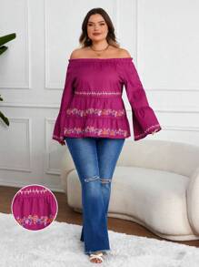 Plus Size Women Elegant Vacation Purple Bell Sleeve Graphic Print Round Neck/Off Shoulder Top Summer