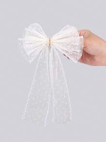 1 pieza de Pinza de pelo con malla de color beige para niñas con lazo a lunares, pinza de caimán con cola, perlas brillantes y rhinestones, pasador de pelo elegante para boda, accesorios de cabello delicados para vacaciones, accesorio de cabello para niños
