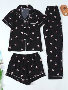 Conjunto de pijama informal de 3 piezas con estampado de cerezas para mujeres, compuesto por top de manga corta, pantalones cortos y pantalones, apto para uso en casa y exteriores, apto para primavera/verano - Negro - Ver 1