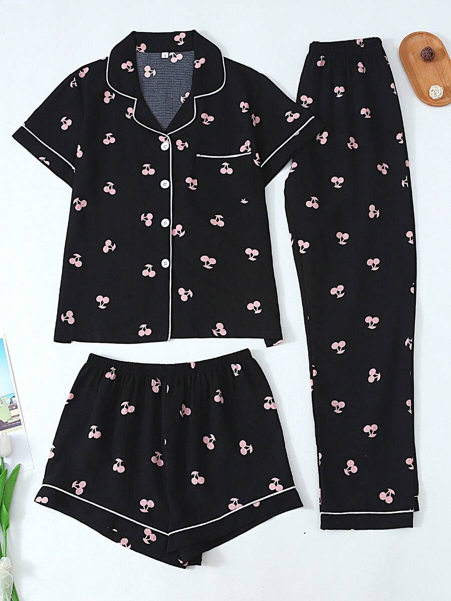 Conjunto de pijama informal de 3 piezas con estampado de cerezas para mujeres, compuesto por top de manga corta, pantalones cortos y pantalones, apto para uso en casa y exteriores, apto para primavera/verano - Negro - Ver 1