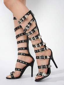 Women's Punk Style Buckle Up Stiletto Heels - Petra Heels - Black - View 2