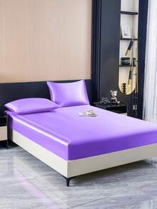 1件纯紫色缎面丝绸床笠，包含1条床笠，情人节床垫套，现代柔软床上用品套装，适用于单人床、双人床、大号双人床、特大号双人床，深口袋设计，最大可达11.8英寸，透气抗皱，可机洗 - 紫色 - 查看 7