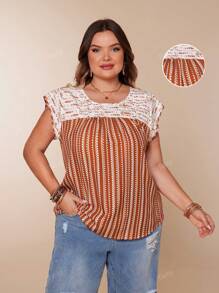 Plus Size Women Elegant Woven Colorblock Round Neck Dolman Sleeve Pleated Front Curved Hem Top, Rust Brown, Summer