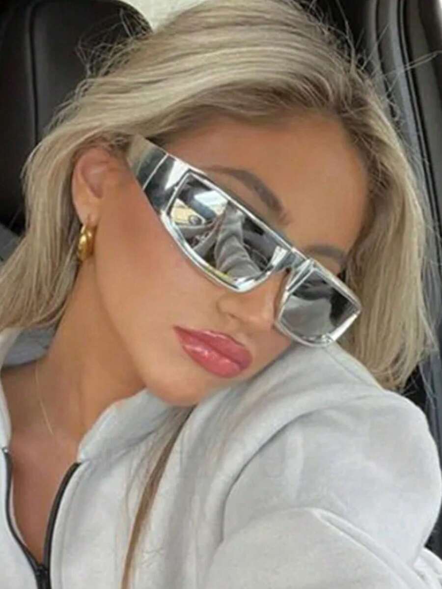 一副男女通用未来主义Y2K银色镜面太阳镜，适合度假、旅行、运动、驾驶、节日、海滩、EDM音乐节、郊游、夏季配饰、假期、家庭出游、高尔夫、徒步旅行、优雅着装、街头服饰、运动、派对、户外活动、街头风格、钓鱼、户外活动、度假