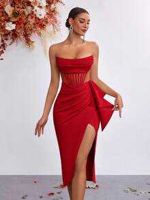 Elisanya Women Elegant Strapless Hollow-Out Ruffle Tie Front Slit Backless Ball Gown Dress, For Party/Banquet, For Cocktail - Watermelon Red - View 6