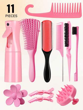 2/3/5/6/11 件顺发梳刷套装、9 排软垫尼龙造型刷、用于梳理、边缘和后刷的梳子套装、用于顺发刷的带喷雾瓶的卷发刷套装、头皮按摩器洗发刷、优质宽齿梳、花形发夹、用于头发造型的刷子套装（粉色、紫色、黑色）