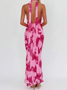 Women's Boho Floral Embroidery Jacquard Strap V Neck Halter Sleeveless A Line Plain Smocked Summer Beach Party Maxi Long Dress - 紅色 - 查看 2