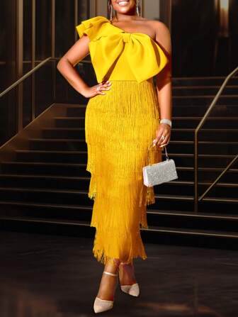 纯色蝴蝶结装饰性感不对称单肩包臀连衣裙荷叶边袖女式流苏节日派对服装，优雅鸡尾酒半正式舞会婚礼宾客毕业礼服，适合生日、毕业典礼、晚宴、返校节