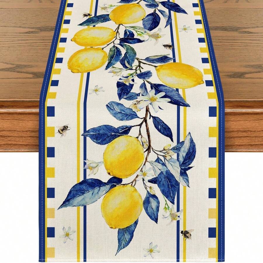 Lemon Tree & Bee Pattern Summer Tablecloth, Seasonal Holiday Kitchen Dining Table Decor For Indoor Home Parties - Yellow - View 1