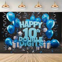 1 pièce Bannière de fête d'anniversaire des 10 ans - Fabriquée en tissu de polyester, avec des designs de ballons et de pétards, pour photomaton, maison, bureau, bar, café, club, décorations. Convient pour les célébrations d'étapes importantes, décorations de fête d'anniversaire - Beige - Voir 5