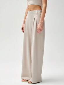 RRIVE High Waisted Wide Leg Trousers Slimming Palazzo Pants With Elastic Waist And Pockets Flowing Fabric For Business Casual, Work Clothes Women Pants Pantalones Anchos De Mujer - 奶油色 - 查看 3