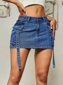 Chân váy mini cargo màu trơn phong cách Y2K Streetwear với túi nắp trang trí, kiểu dáng gợi cảm mùa hè. - Rửa tối - Xem 2