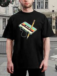 Camiseta de Lápiz de Cinta de Casete Retro - Camiseta de Música Vintage de los 80 y 90 - Diseño Divertido de Reproductor de Casetes - Regalo Único para Hombres y Mujeres - Negro - Ver 1
