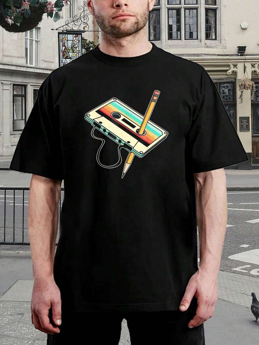 Camiseta de Lápiz de Cinta de Casete Retro - Camiseta de Música Vintage de los 80 y 90 - Diseño Divertido de Reproductor de Casetes - Regalo Único para Hombres y Mujeres - Negro - Ver 1
