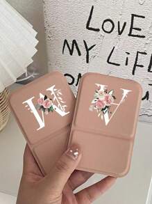 1pc Mini Pink Flower White Letters Foldable Portable Makeup Mirror,Letters Of A-Z Makeup Mirror With Bracket, Travel Mirror, Beauty Products, Desktop Makeup Mirror, Rectangular Desktop Compact Mirror Foldable Small Minimalist Makeup Mirror, Travel Portable Makeup Mirror For Women's Gift - The Best Gift For Mom And Teacher
