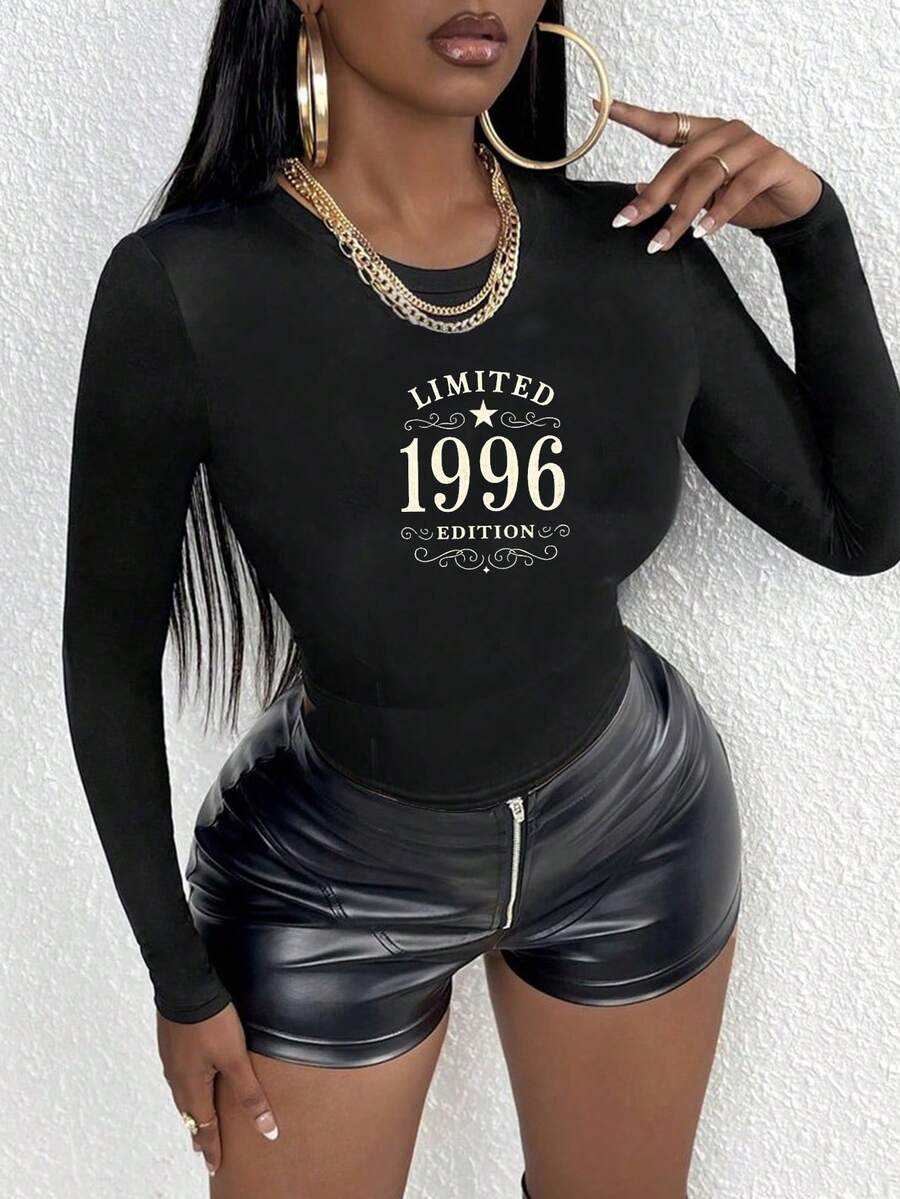 LIMITED 1996 EDITION Graphic Print Women's Y2K Slim Fit Crew Neck Long Sleeve T-Shirt, Vintage Retro Birthday Tee, 1996 Born Gift, Back To School Clothes, Fall Winter Tops, Casual Daily Wear, Streetwear, Party Outfit - 黑色 - 查看 1