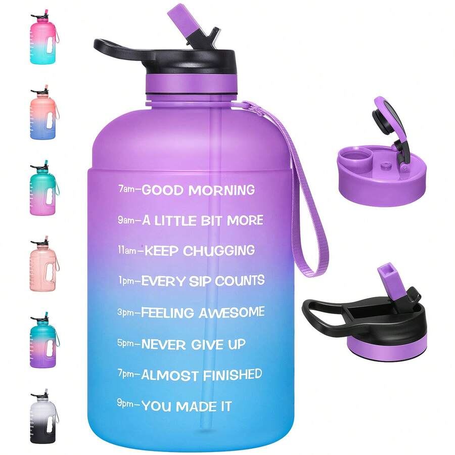 UKEIN Large 74 Oz/Half Gallon Motivational Water Bottle With 2 Lids (Chug And Straw), Sports Drink Water Jug With Time Marker For Camping Sports Workouts And Outdoor Activity - 紫藍 - 查看 1