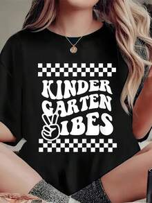 Kindergarten Vibes Retro Girl Back To School Kinder Boy T-Shirt, Casual Crew Neck Short Sleeved Summer Top - Black - View 1