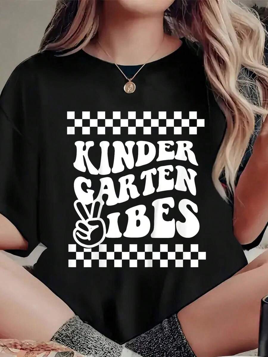 Kindergarten Vibes Retro Girl Back To School Kinder Boy T-Shirt, Casual Crew Neck Short Sleeved Summer Top - Black - View 1