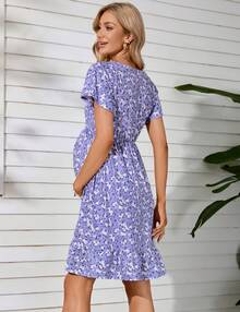 Yesfashion Women's Maternity Short Sleeve Ruffle Dress V Neck Summer Casual Smocked Flowy Midi Dress For Baby Shower Photoshoot - 紫底小白花 - 查看 3