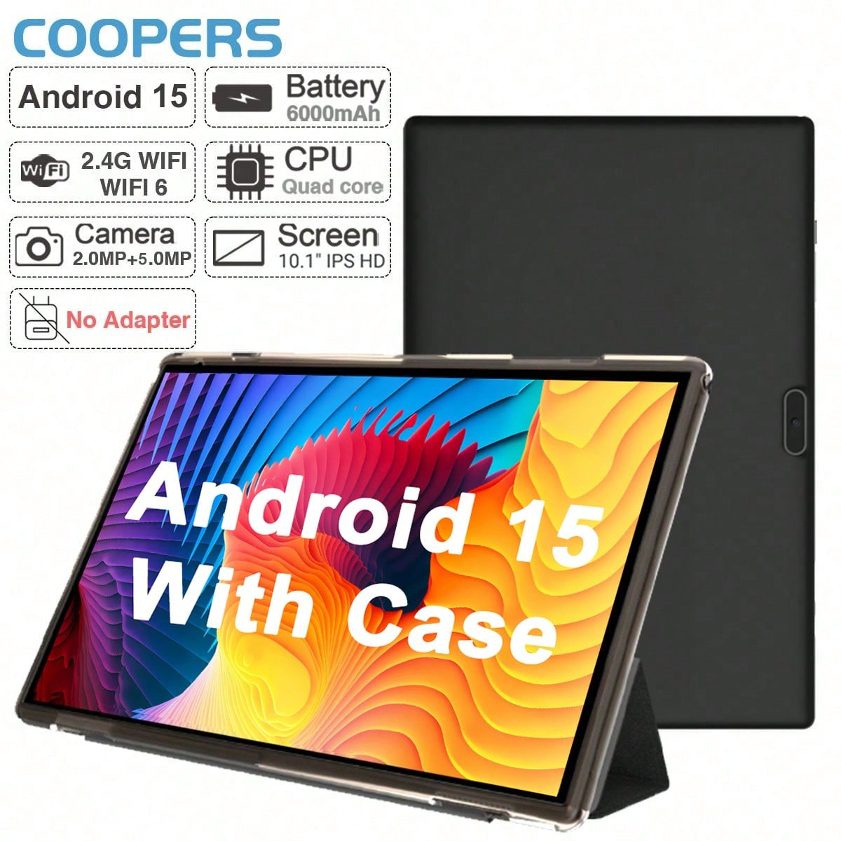 Tablet Android 15 da 10,1 pollici con custodia, processore quad-core 1,6 GHz/2 GB RAM/32 GB di memoria/2,4G WiFi+WiFi 6/Bluetooth 5.2/Touchscreen IPS